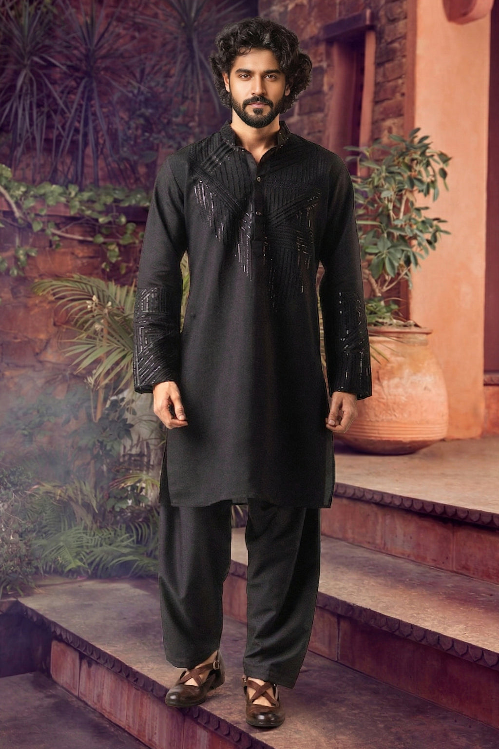 Men's Silk Blend Black Printed,Embroidery Work Kurta with payjama
