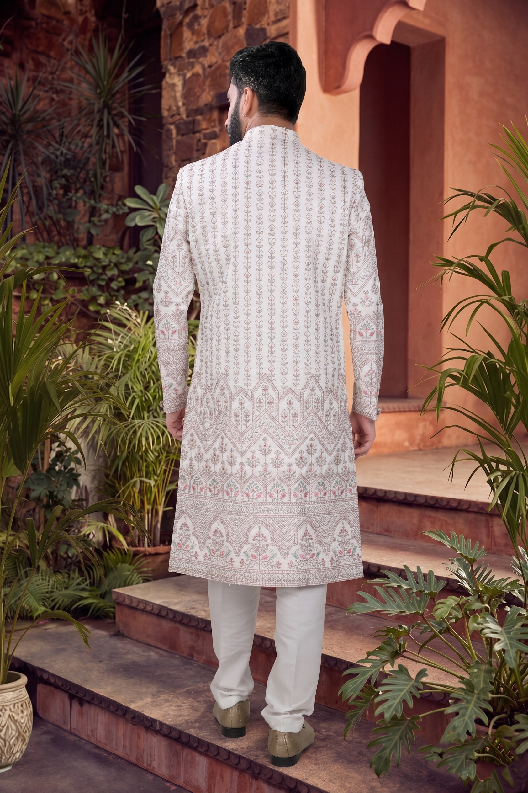 Men's SILK WHITE(MULTI COLOURS EMBROIDARY)  SHERWANI