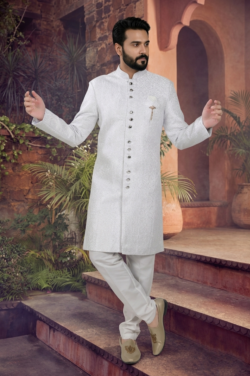 Men's WOVEN JACQUARD WHITE  SEMI-INDO-WESTERN