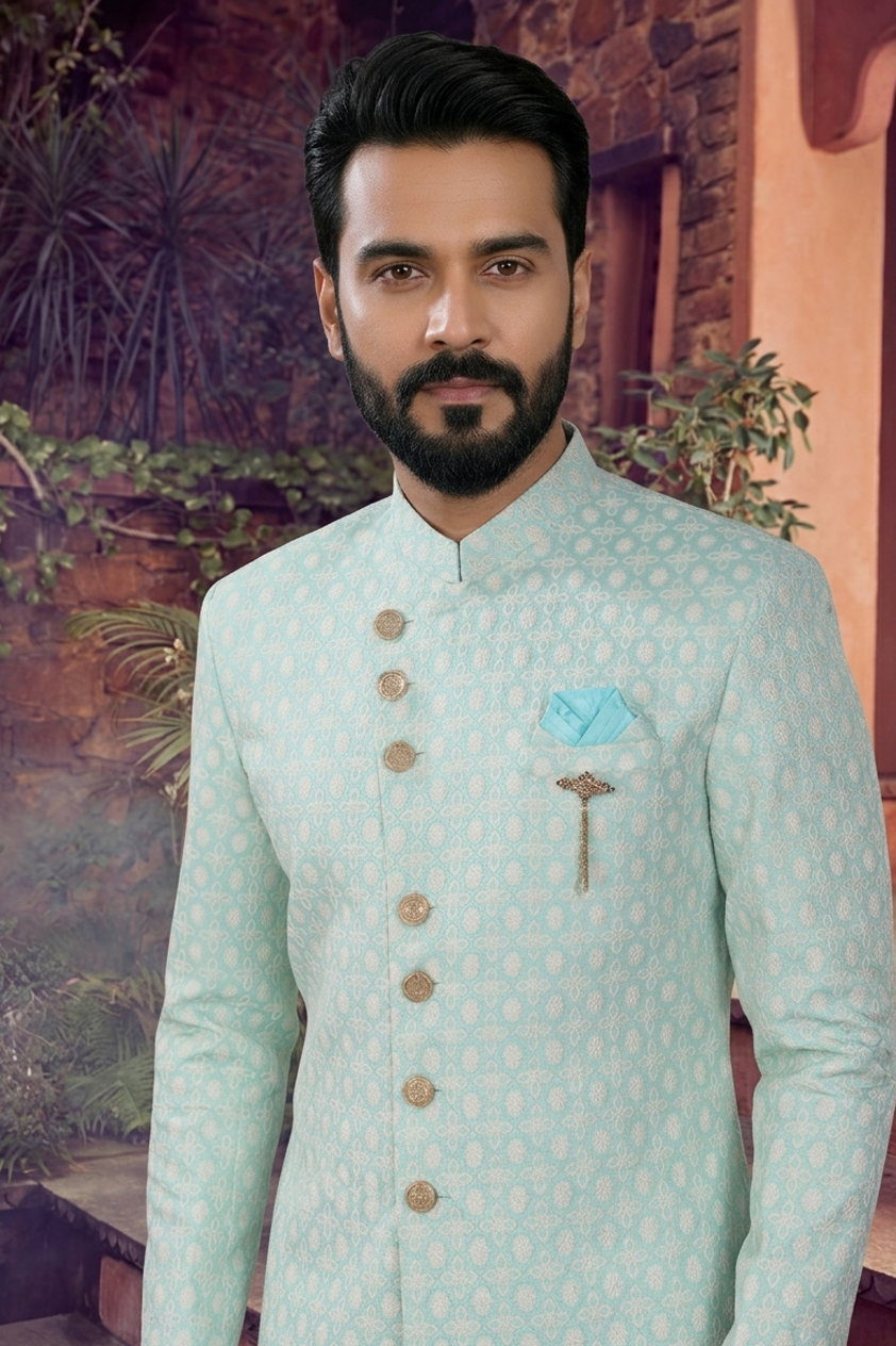 Men's WOVEN JACQUARD GREEN  SEMI-INDO-WESTERN