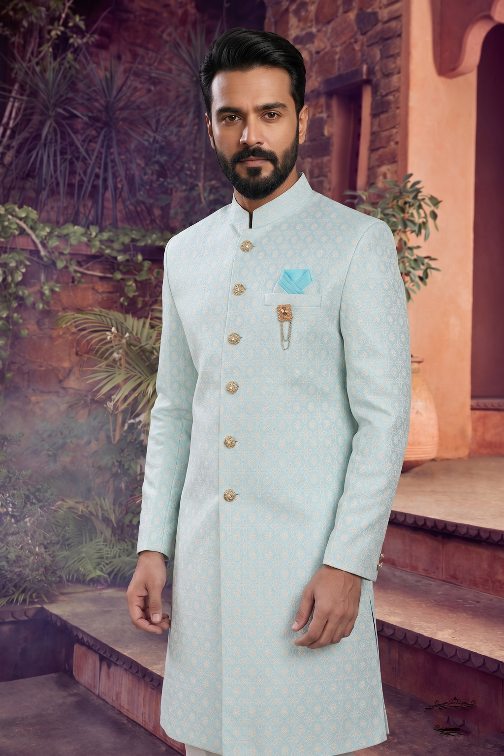 Men's WOVEN JACQUARD BLUE  SEMI-INDO-WESTERN