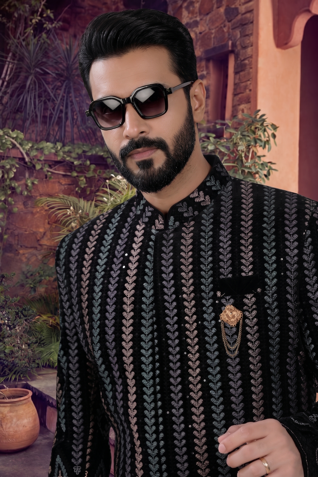 Men's VELVET BLACK(MULTI COLOUR EMBROIDRY)  SHERWANI