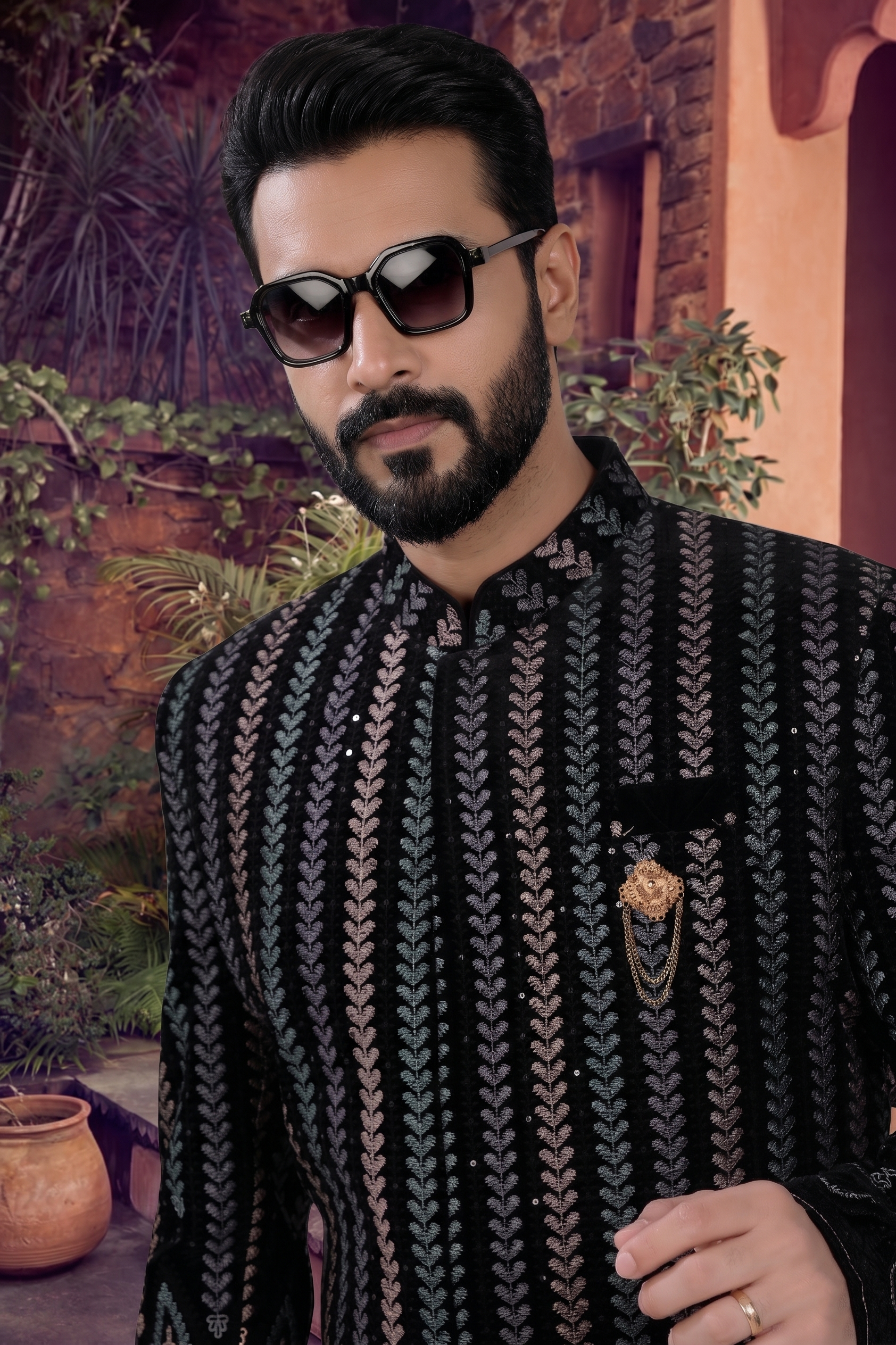 Men's VELVET BLACK(MULTI COLOUR EMBROIDRY)  SHERWANI
