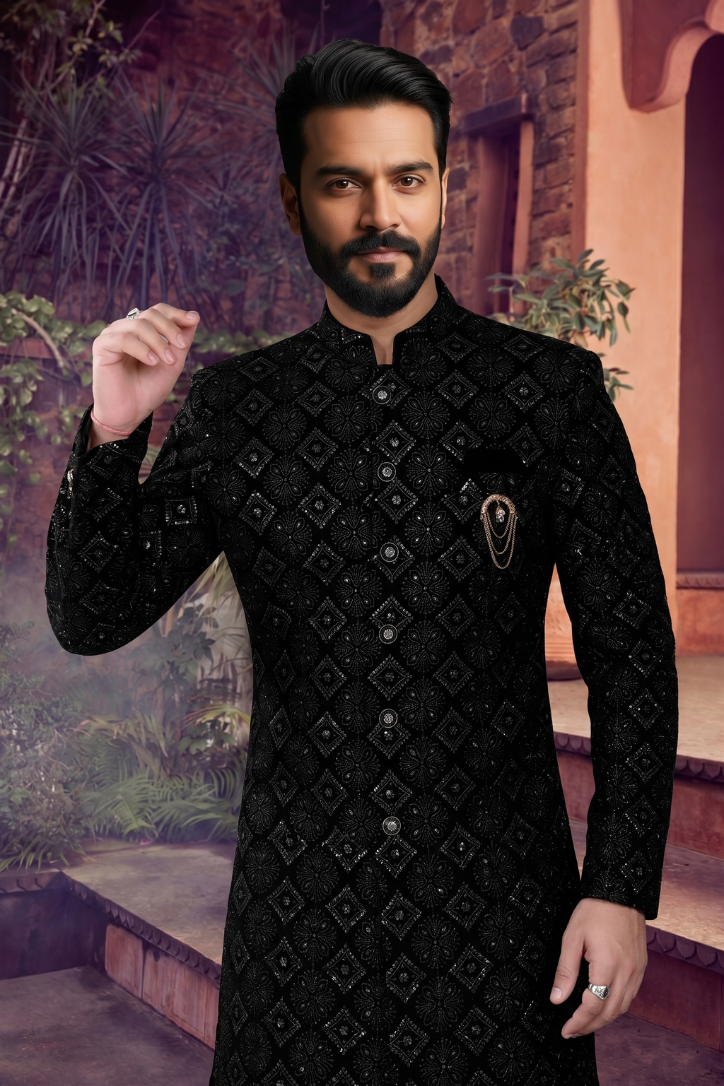 Men's VELVET BLACK  SEMI-INDO-WESTERN