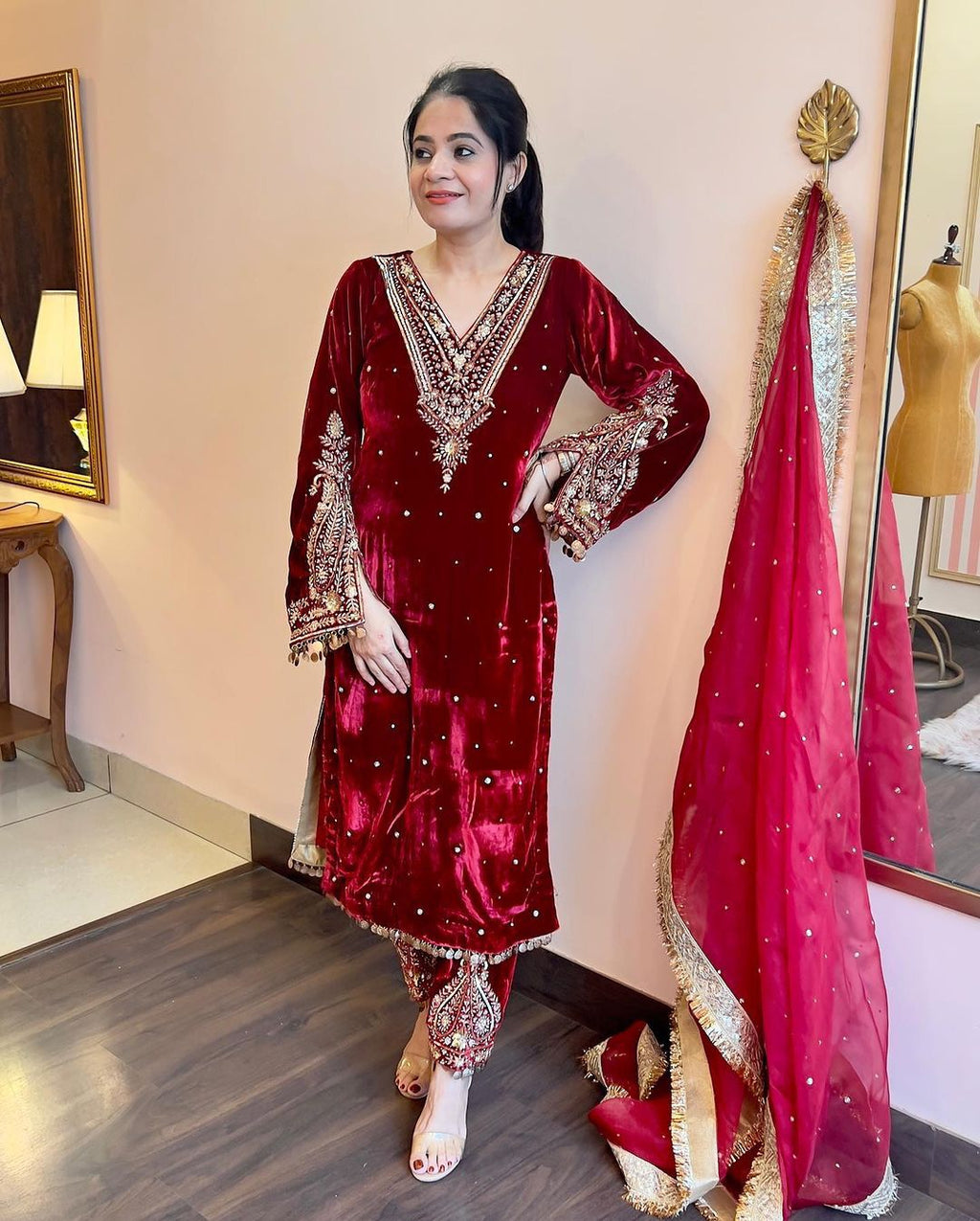 Women Red Velvet Kurta Set