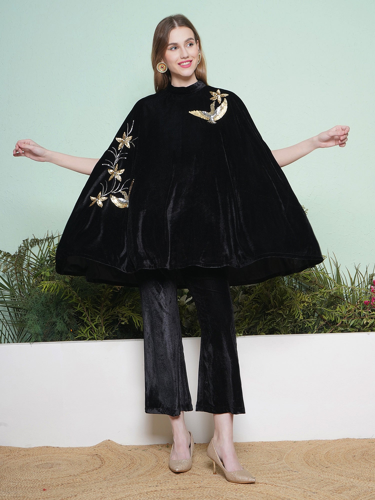 Women Black Hand Embellished Cape Style Kurta with Bellbottom Pants