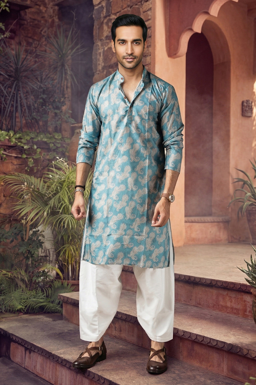 Men's Blended Cotton Cream Designer Printed Kurta with payjama