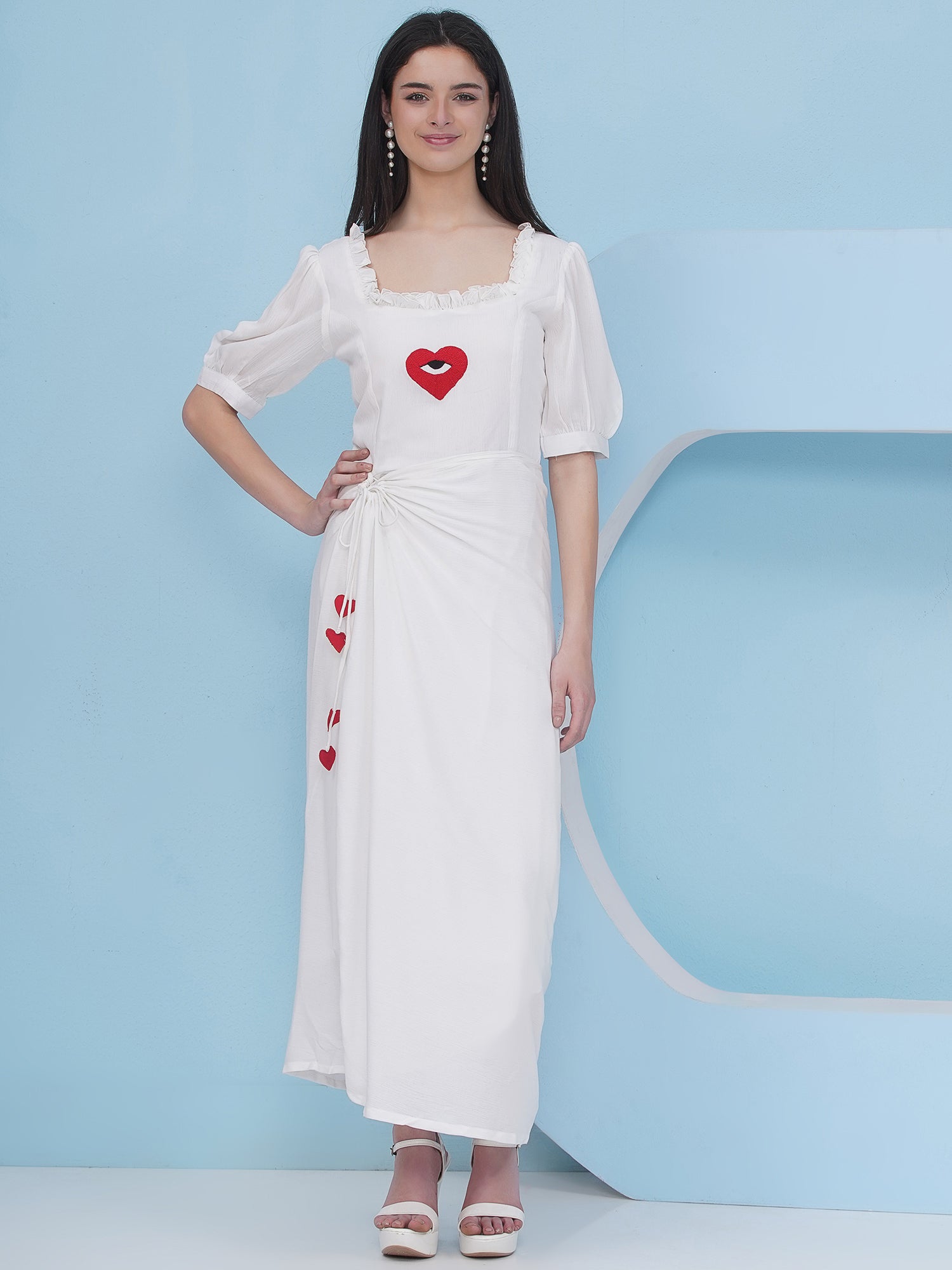 Embroidery White Drape Party Wear Dress