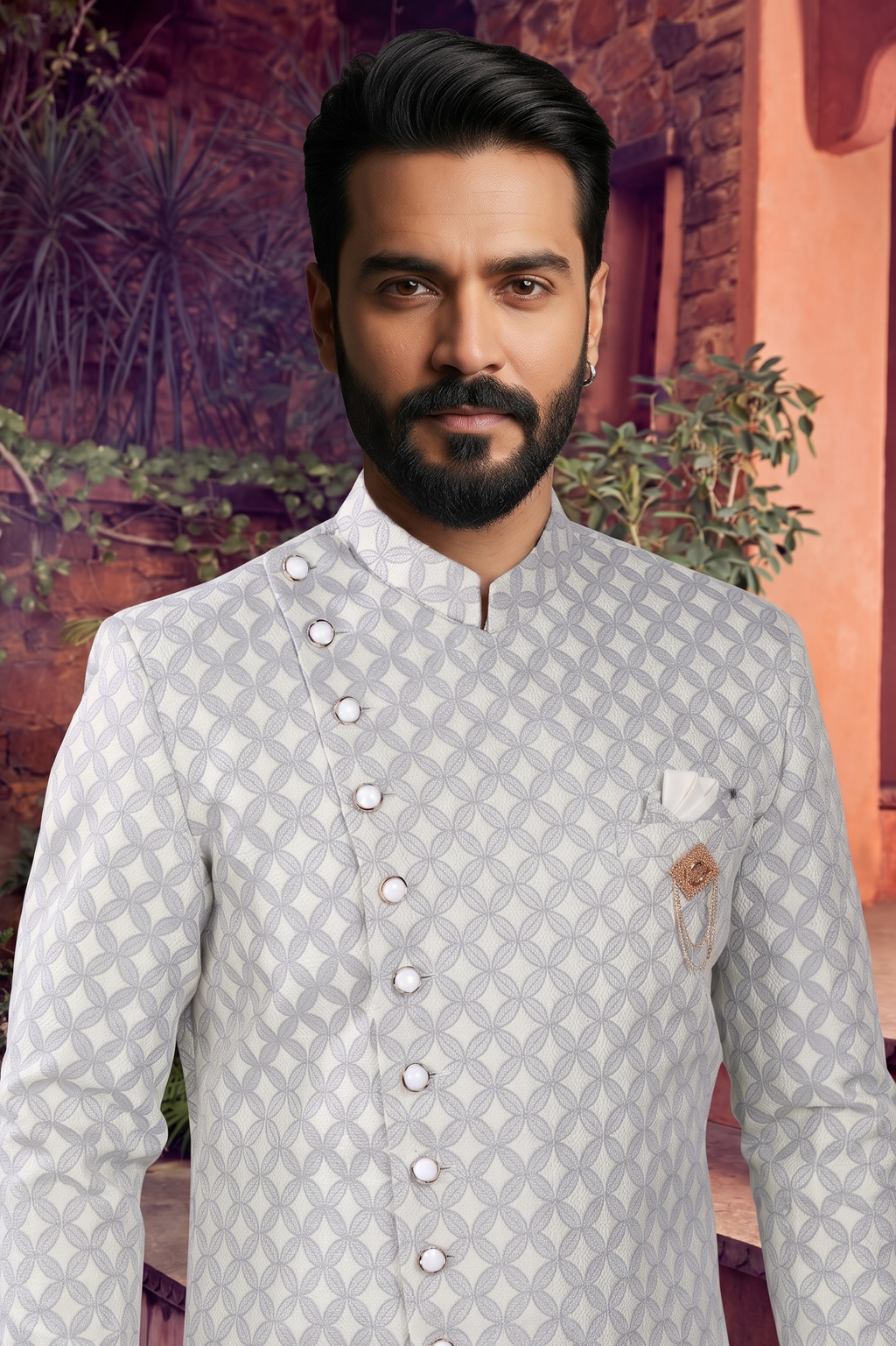 Men's WOVEN JACQUARD GREY  SEMI-INDO-WESTERN