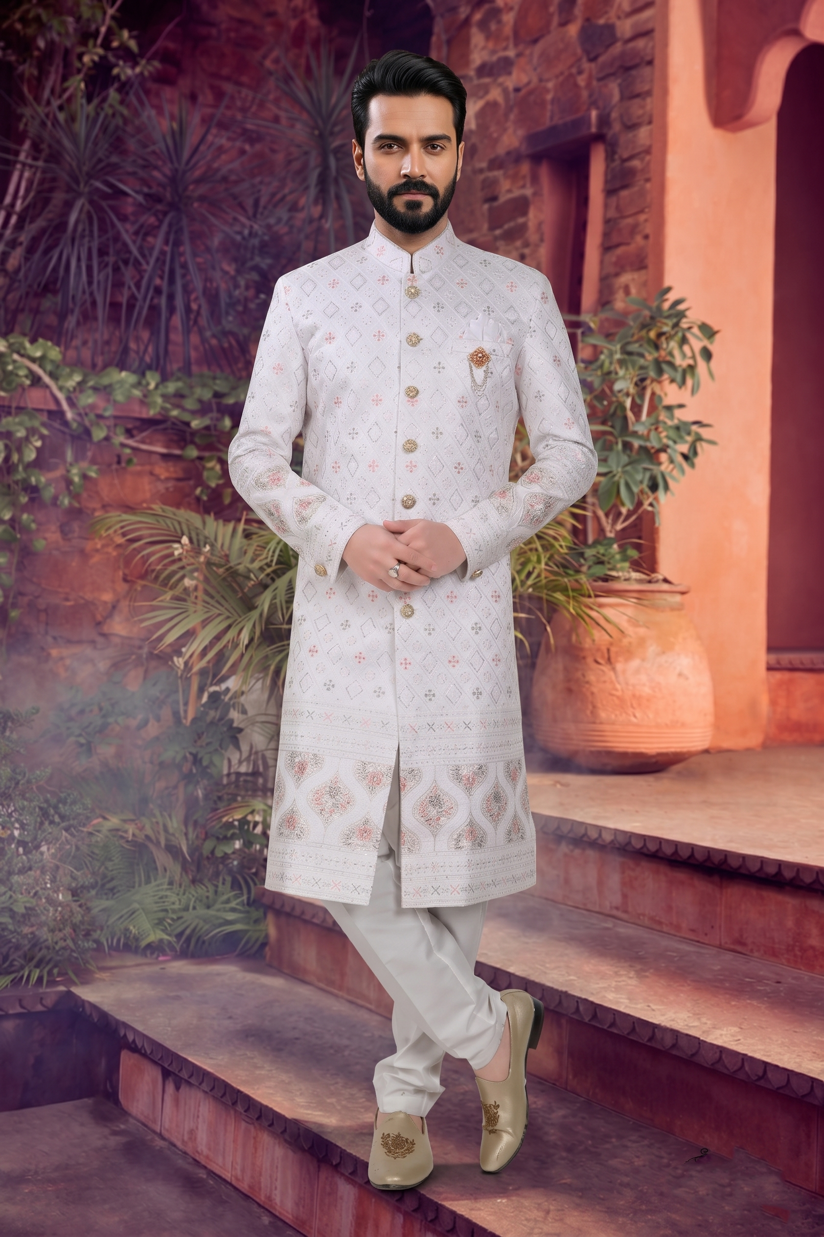 Men's SILK WHITE(MULTI COLOURS EMBROIDARY)  SHERWANI