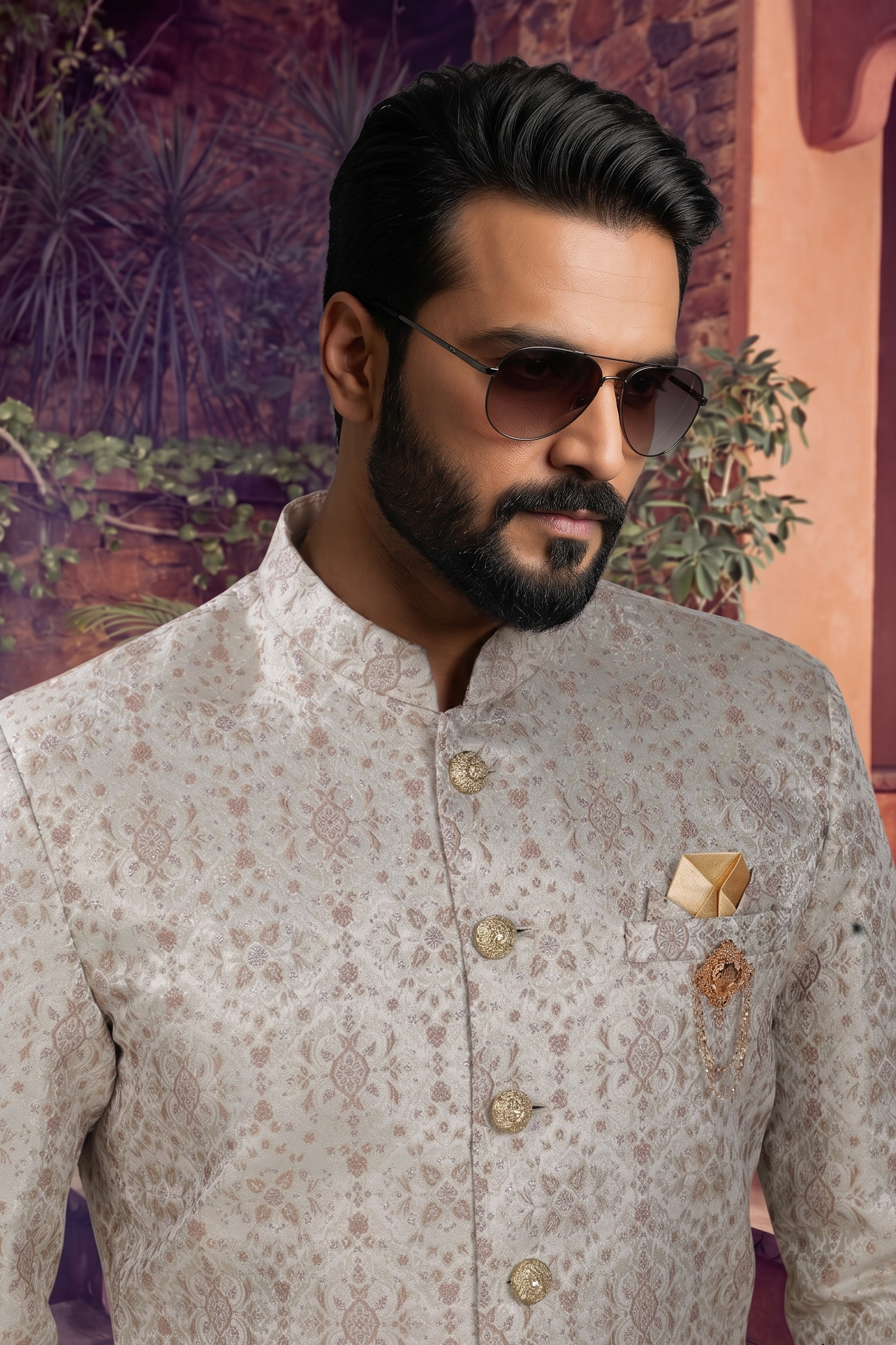 Men's WOVEN JACQUARD BIEGE  SEMI-INDO-WESTERN