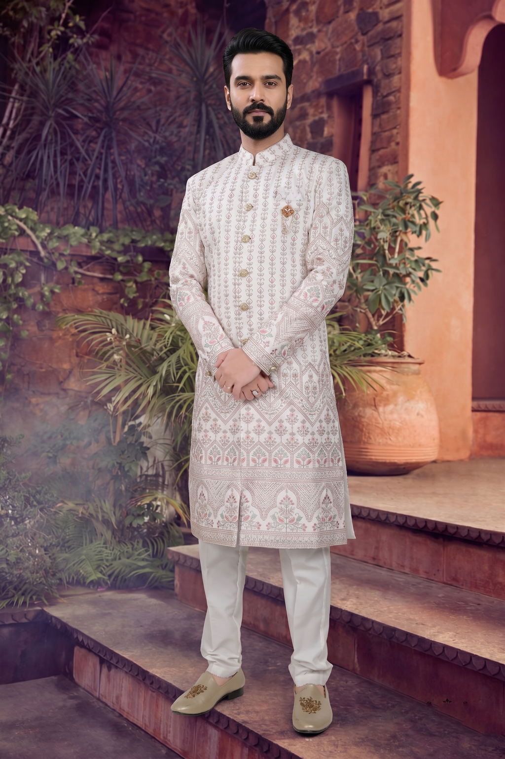Men's SILK WHITE(MULTI COLOURS EMBROIDARY)  SHERWANI
