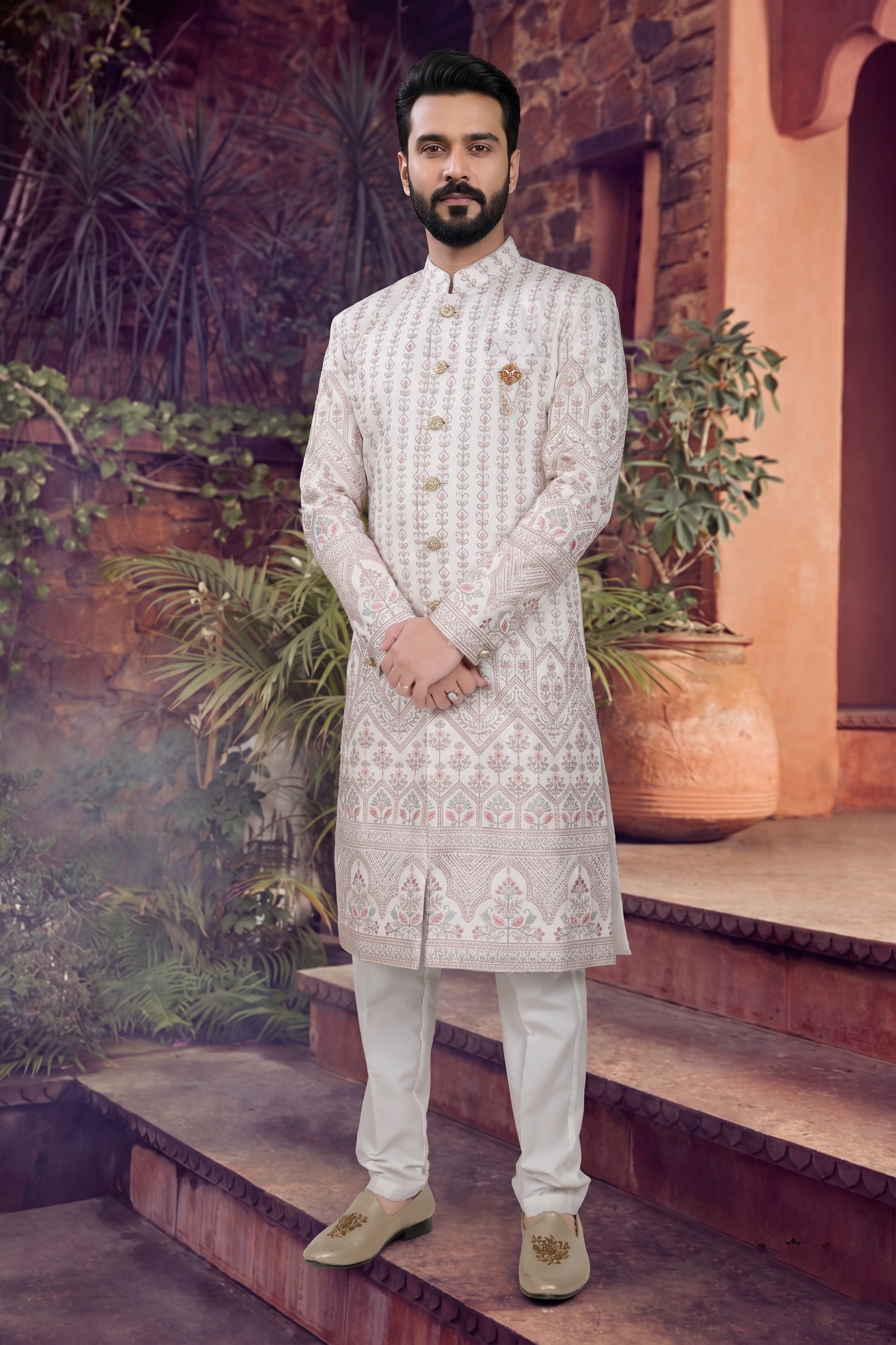 Men's SILK WHITE(MULTI COLOURS EMBROIDARY)  SHERWANI