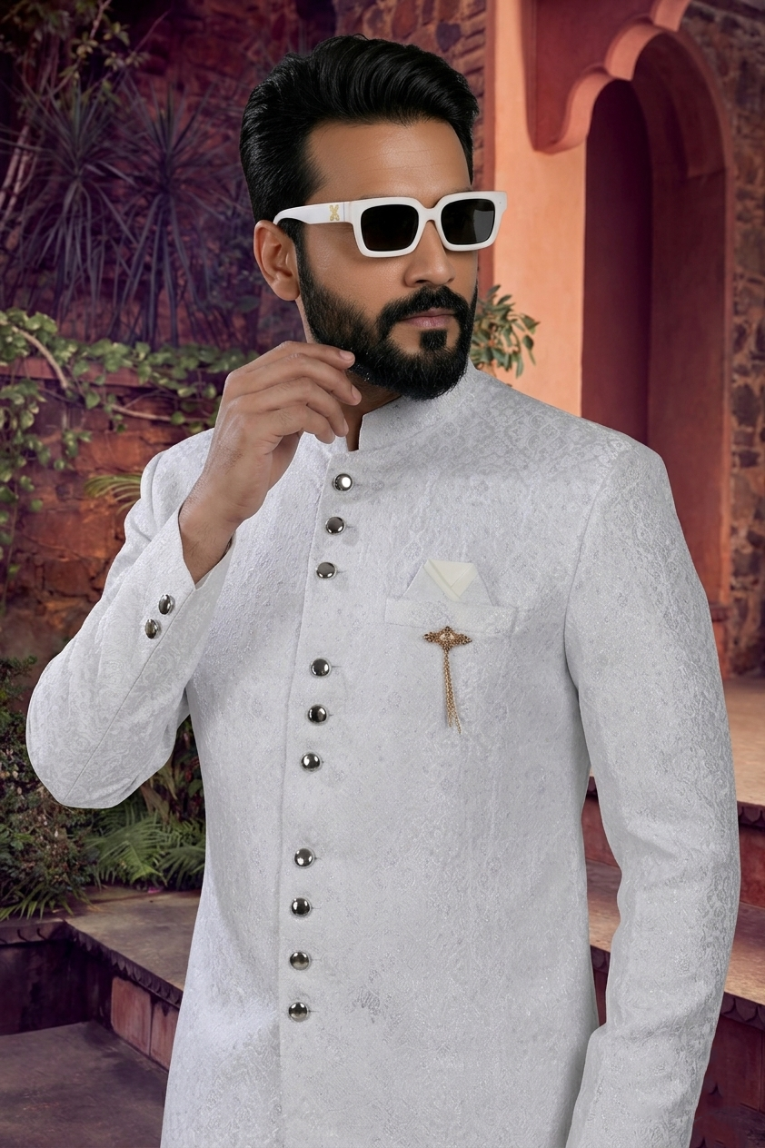 Men's WOVEN JACQUARD WHITE  SEMI-INDO-WESTERN