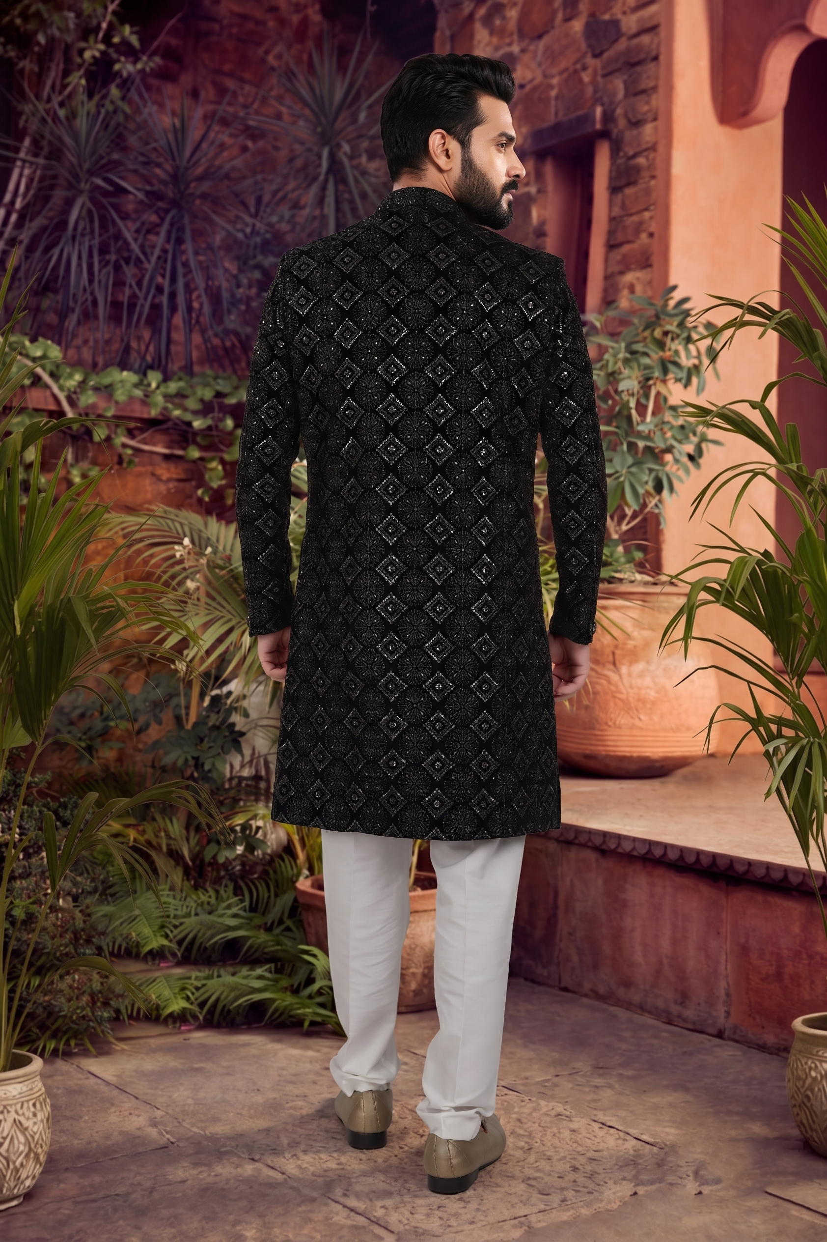 Men's VELVET BLACK  SEMI-INDO-WESTERN