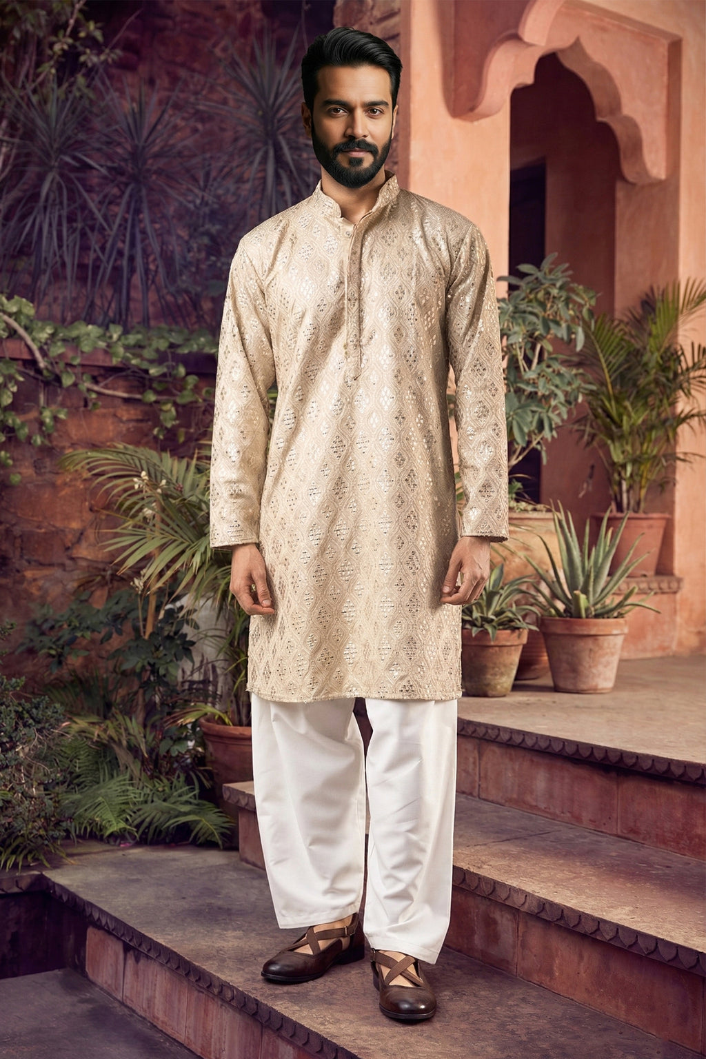 Men's Viscose Cream Designer Embroidery Work Kurta with payjama