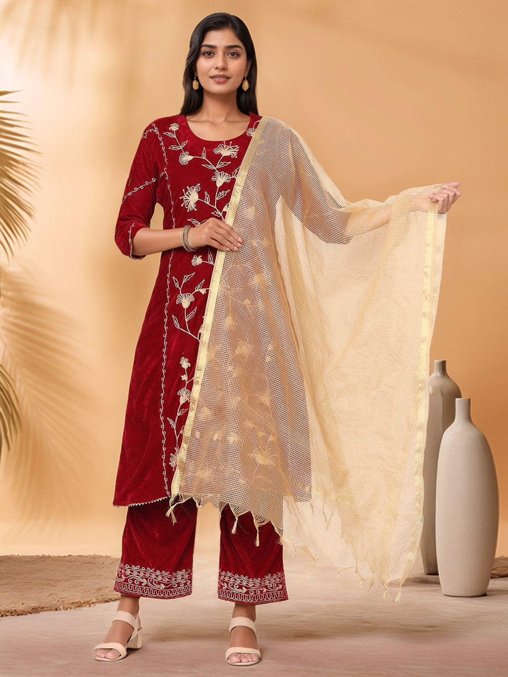 Women Maroon Velvet Palazzo set