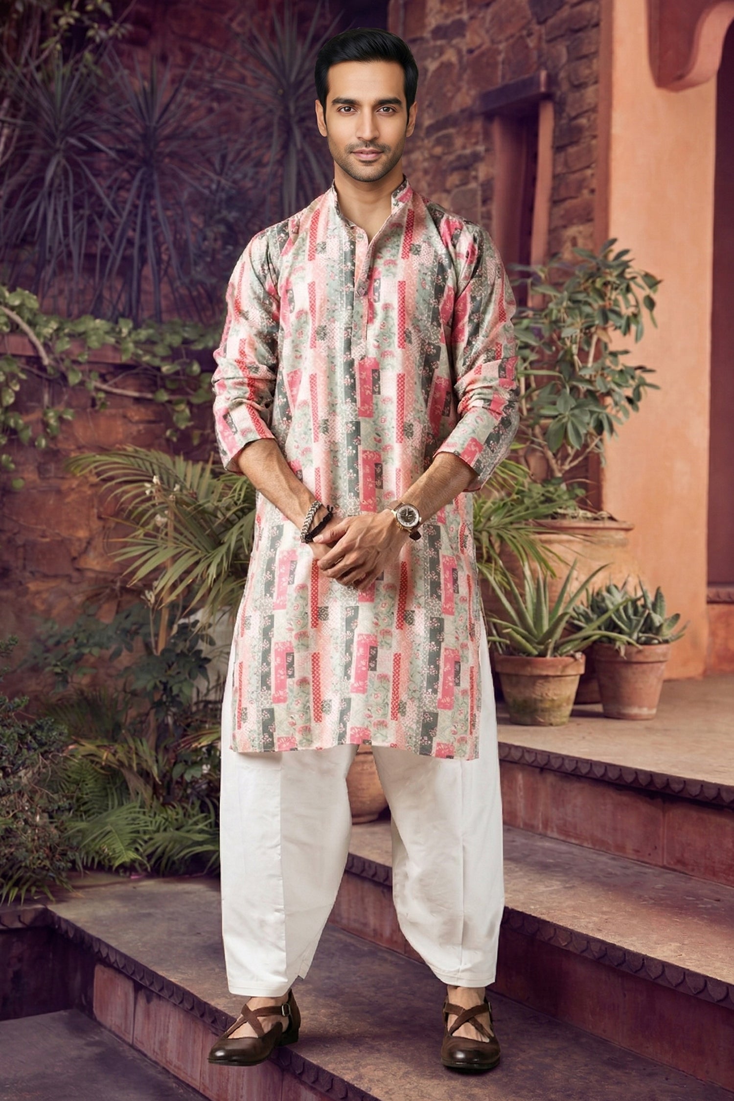 Men's Blended Cotton Cream Designer Printed Kurta with payjama