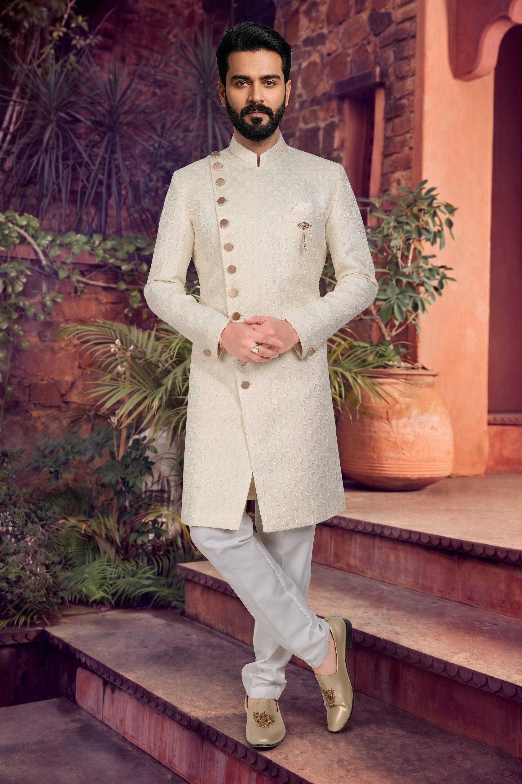 Men's WOVEN JACQUARD CREAM  SEMI-INDO-WESTERN
