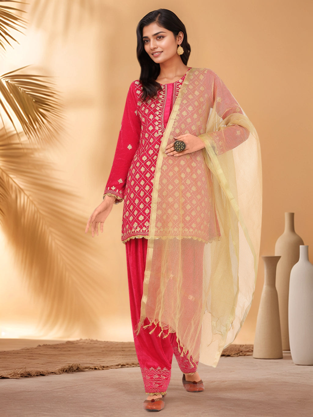 Women Pink Velvet Salwar set