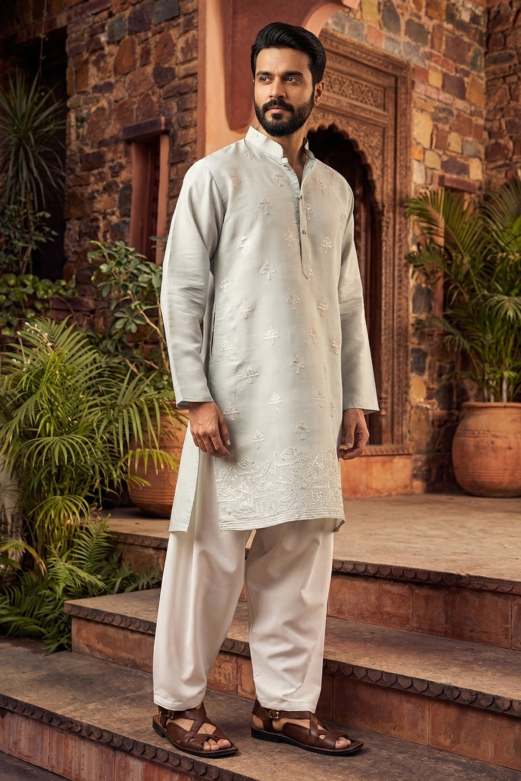 Men's Silk Blend Cream Designer Embroidery Work Kurta with payjama
