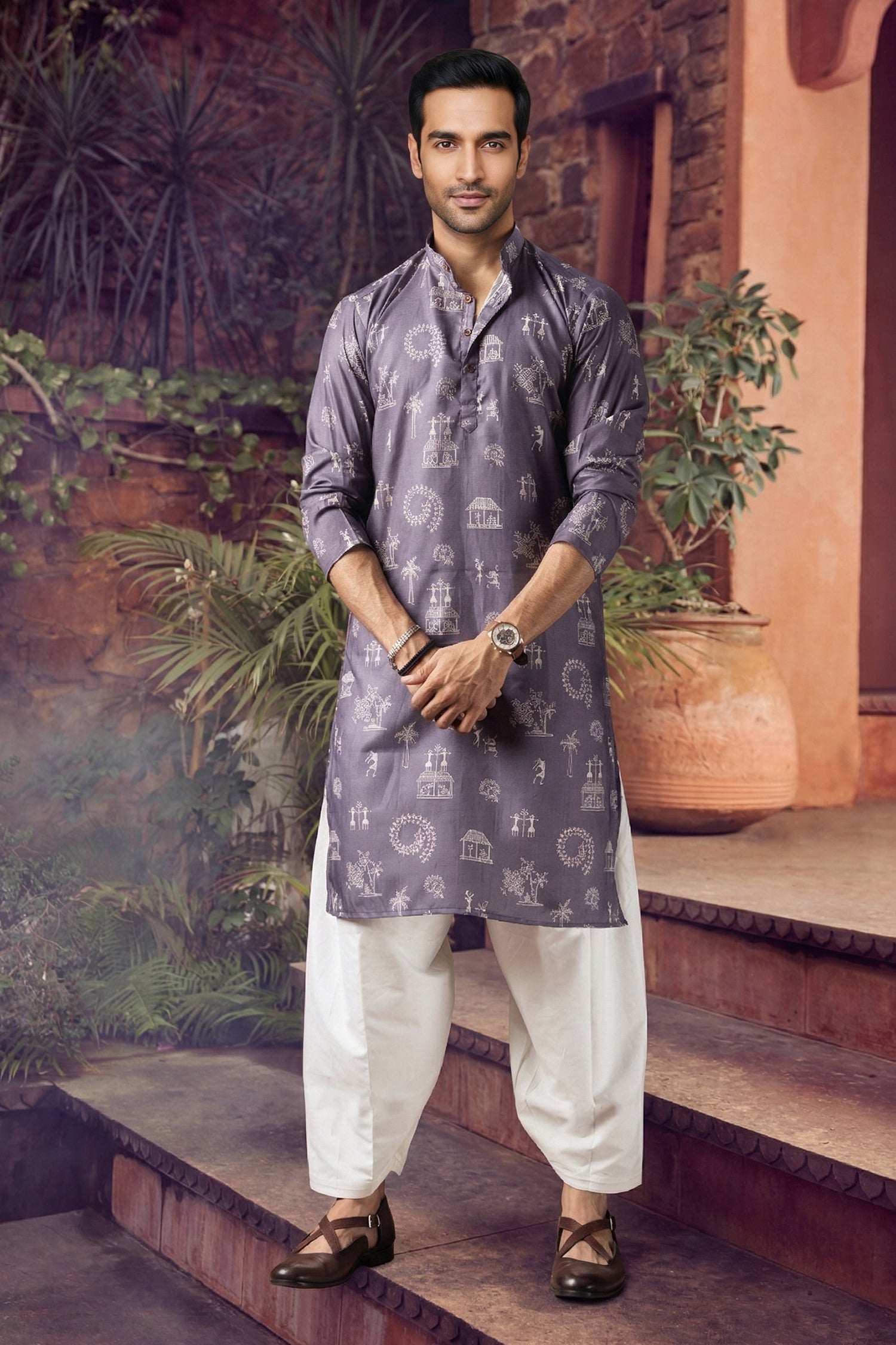 Men's Blended Cotton Cream Designer Printed Kurta with payjama