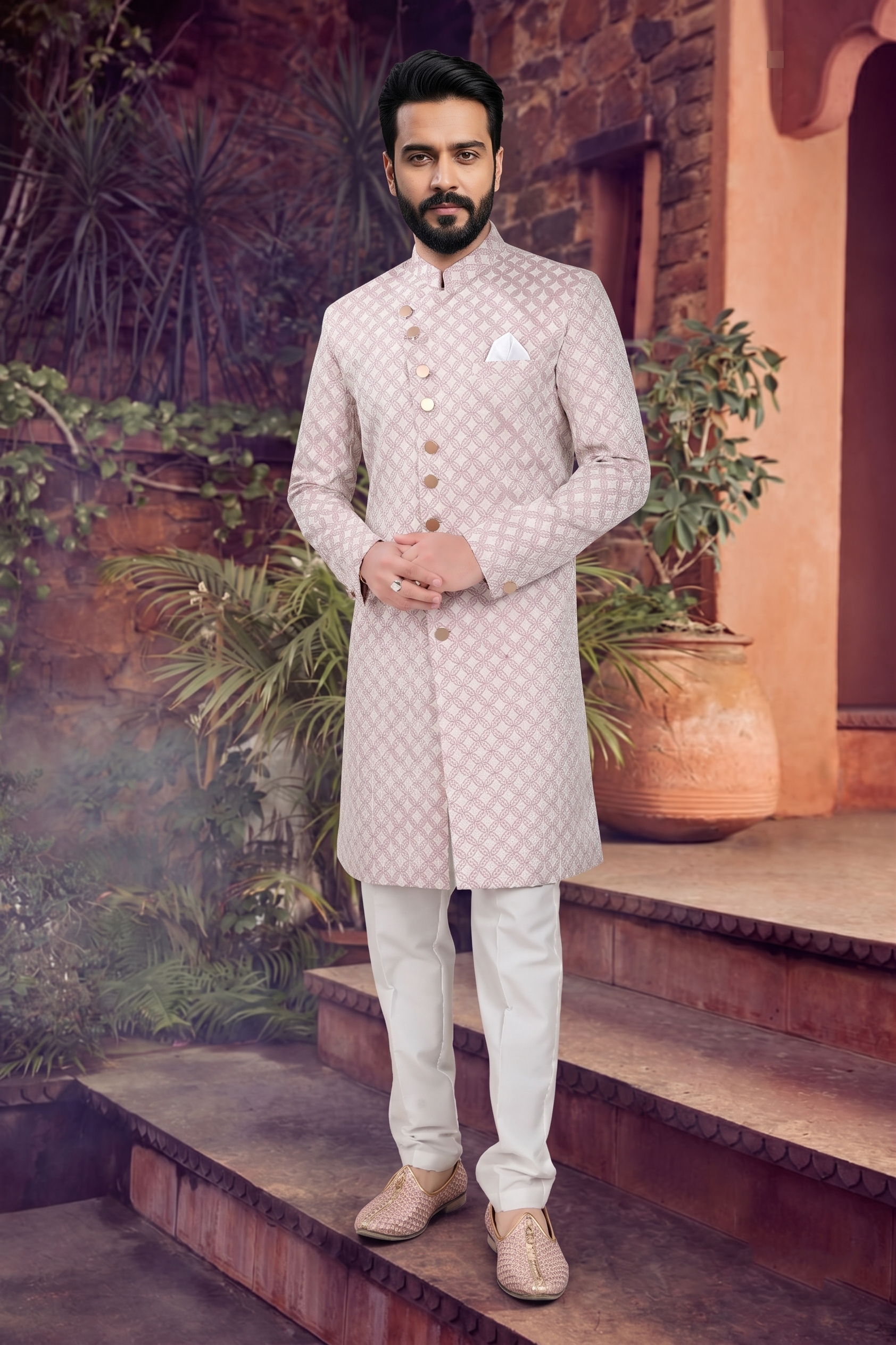 Men's WOVEN JACQUARD PINK  SEMI-INDO-WESTERN