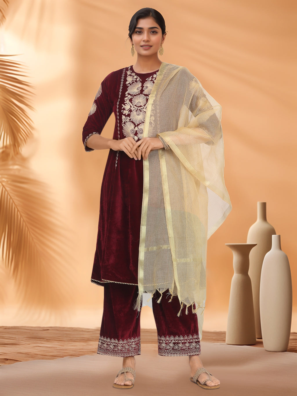 Women Maroon Velvet Palazzo set