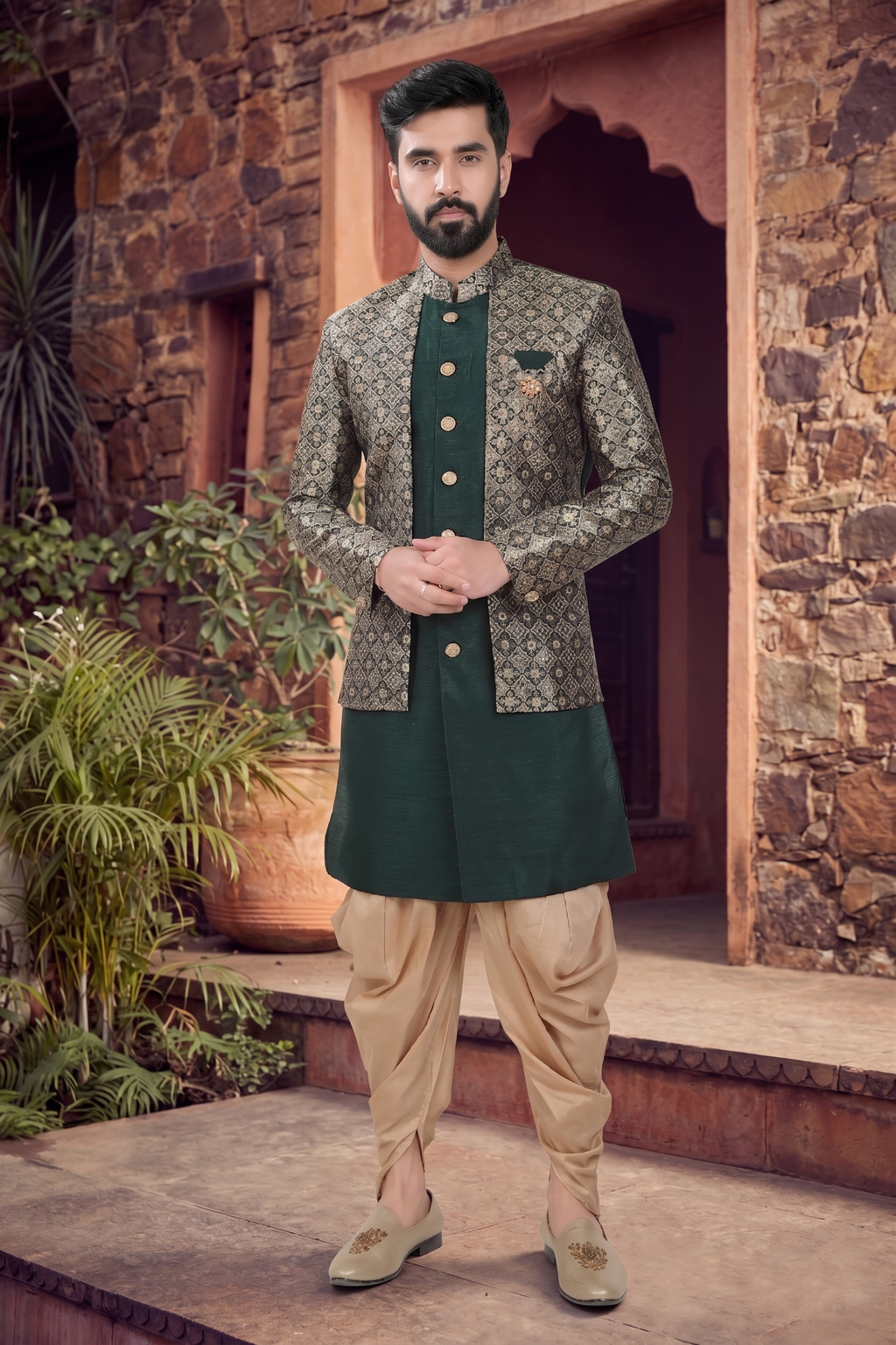 Men's SILK GREEN  SEMI-INDO-WESTERN