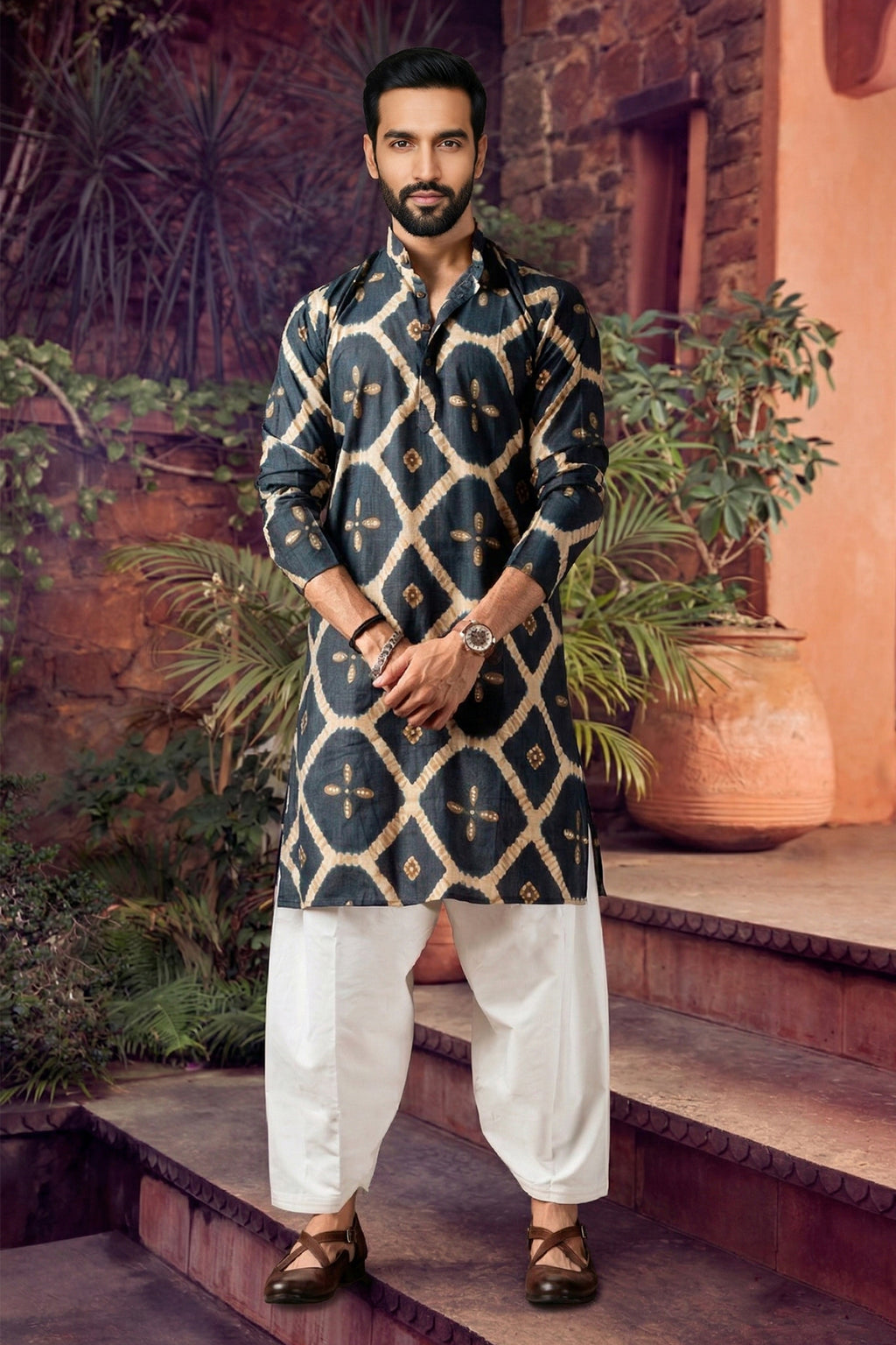 Men's Rayon Cream Designer Printed Kurta with payjama