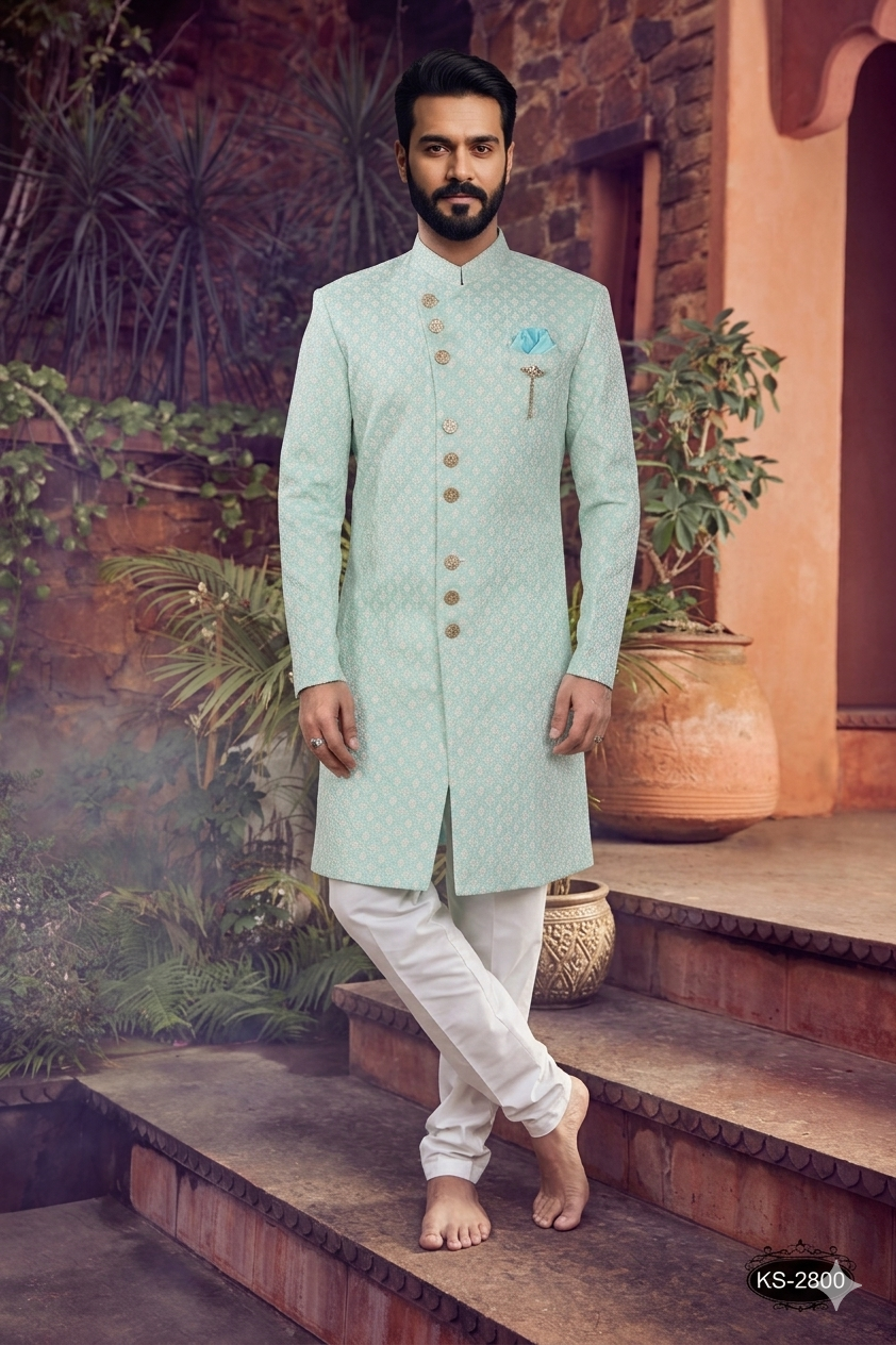Men's WOVEN JACQUARD GREEN  SEMI-INDO-WESTERN