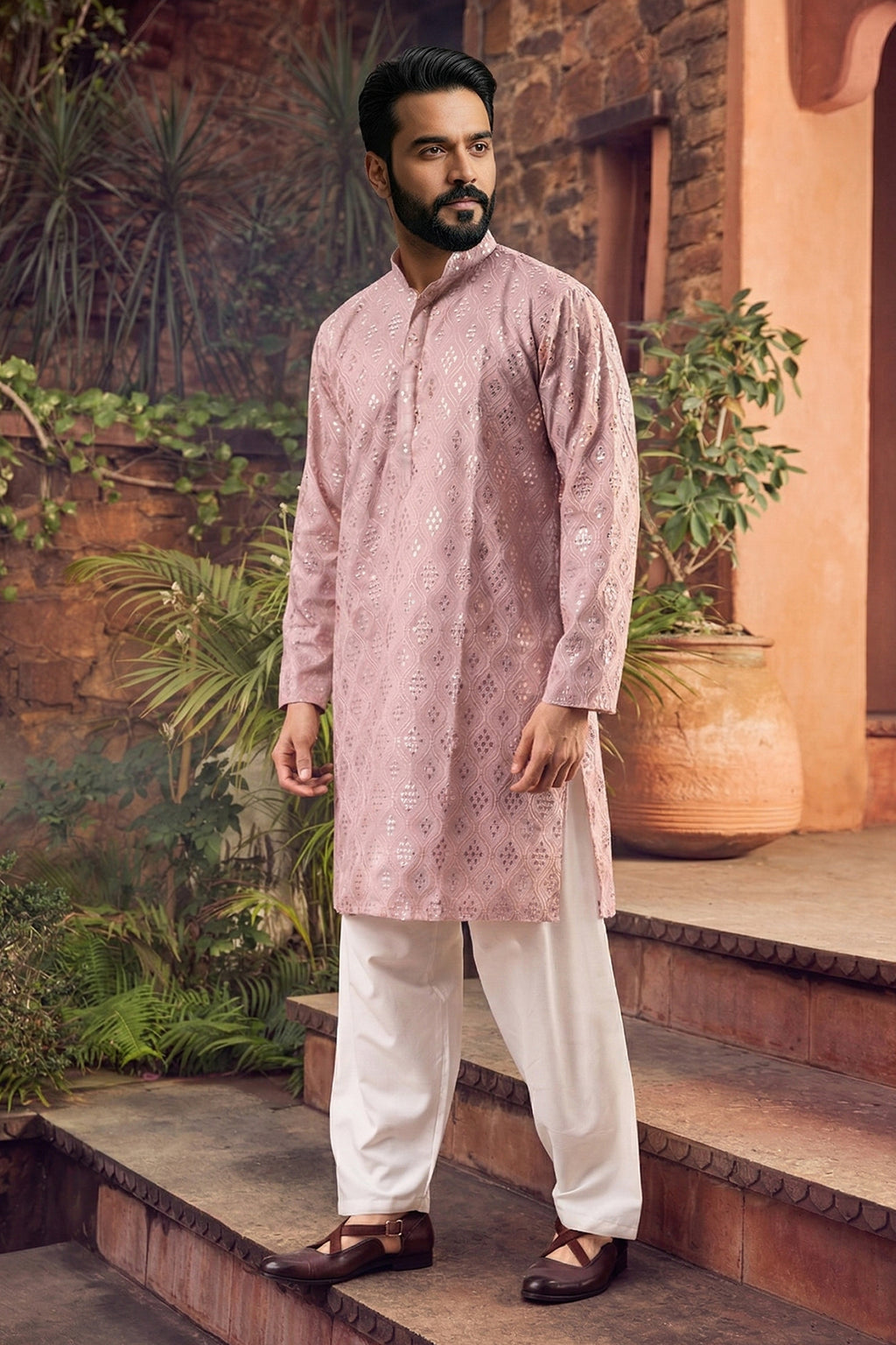 Men's Viscose Cream Designer Embroidery Work Kurta with payjama