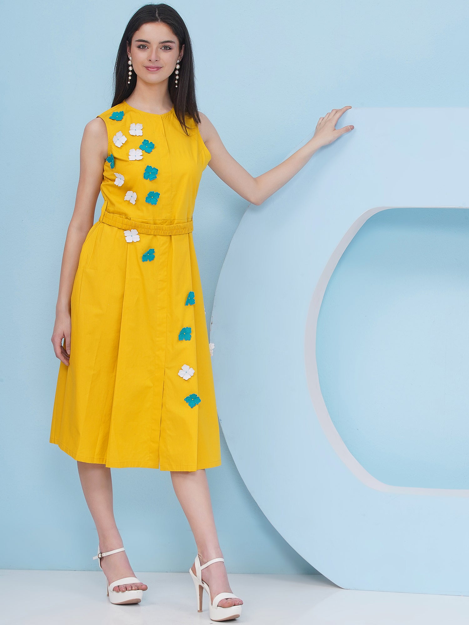 Yellow Party Wear Dress With Belt