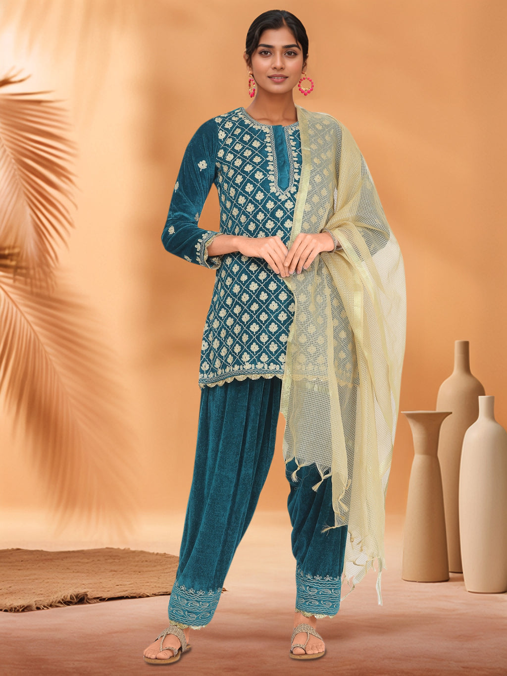 Women Teal Green Velvet Salwar set
