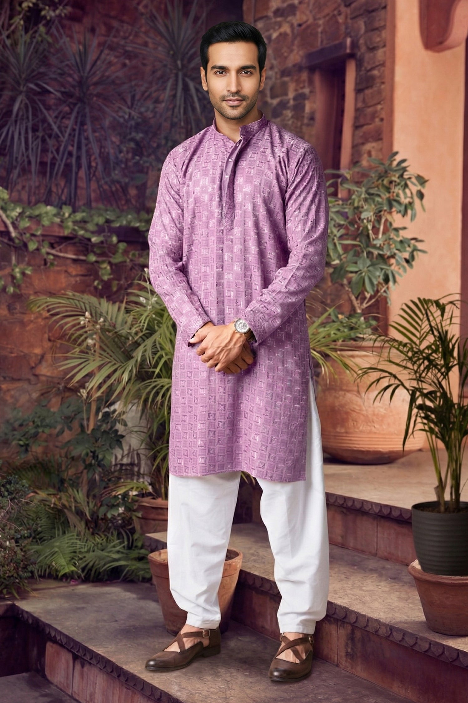 Men's Viscose Rayon Cream Designer Embroidery Work Kurta with payjama