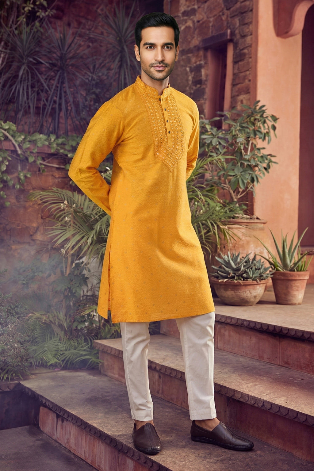 Men's Jacquard Silk Cream Designer Embroidery Work Kurta with payjama