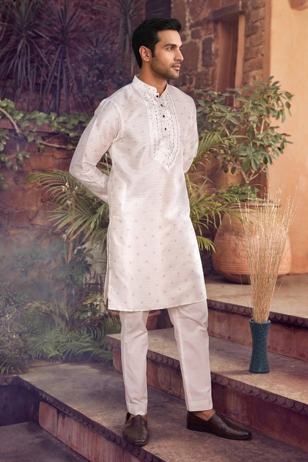 Men's Jacquard Silk Cream Designer Embroidery Work Kurta with payjama