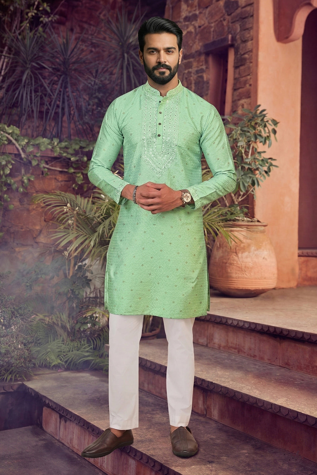 Men's Jacquard Silk Cream Designer Embroidery Work Kurta with payjama