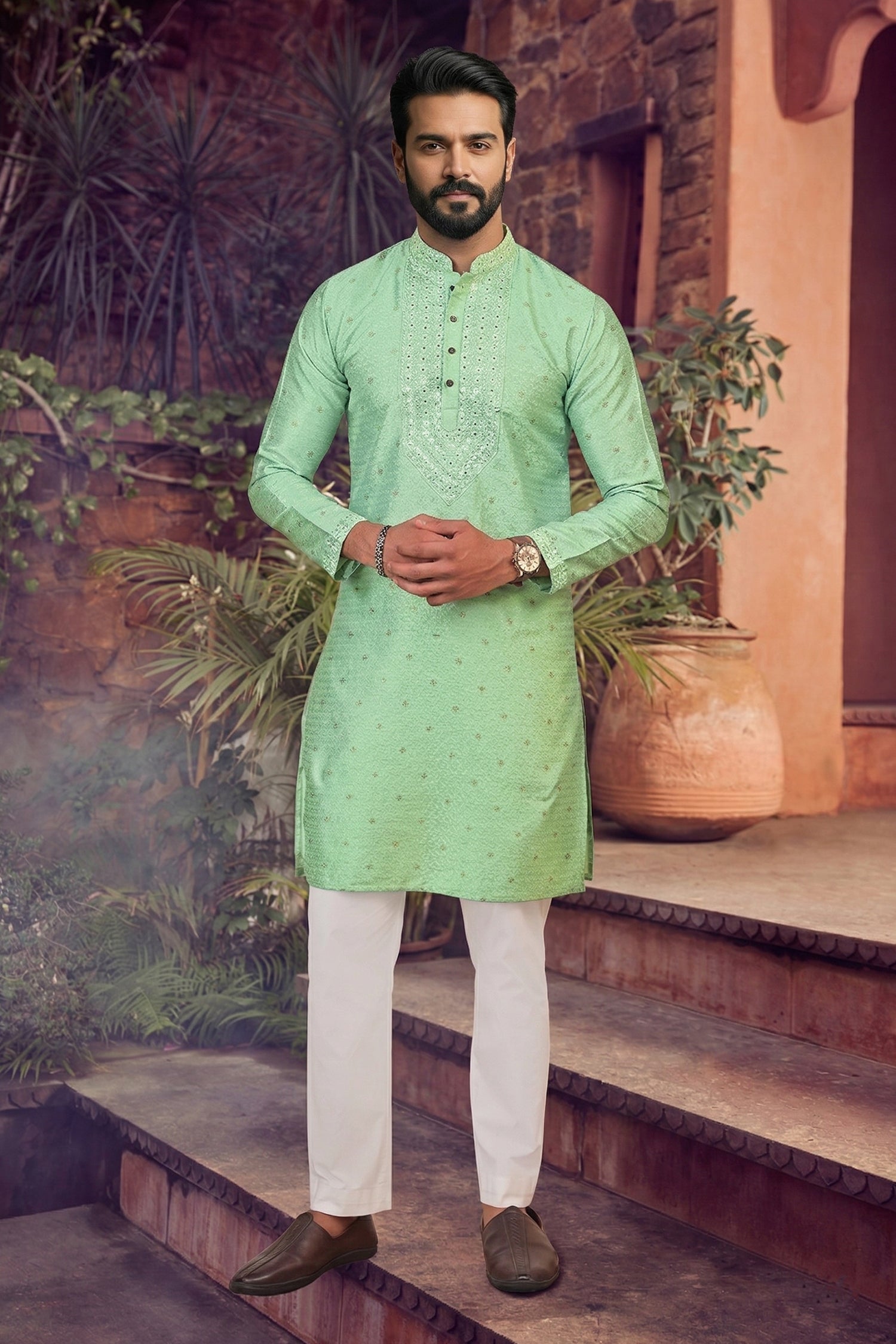 Men's Jacquard Silk Cream Designer Embroidery Work Kurta with payjama