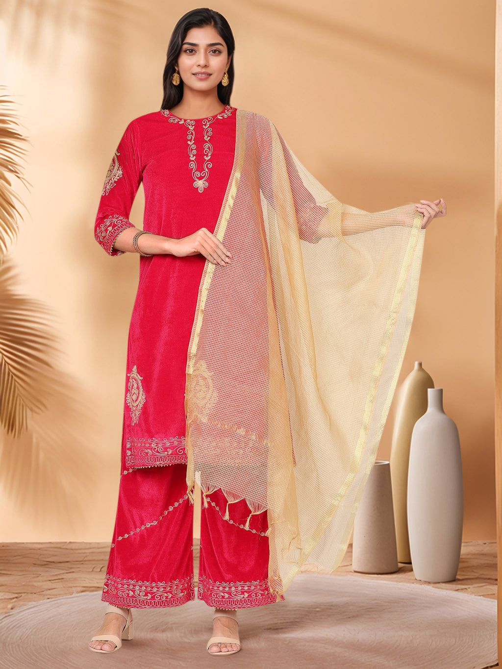 Women Pink Velvet Palazzo set