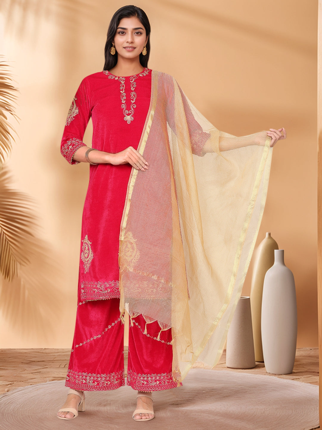 Women Pink Velvet Palazzo set