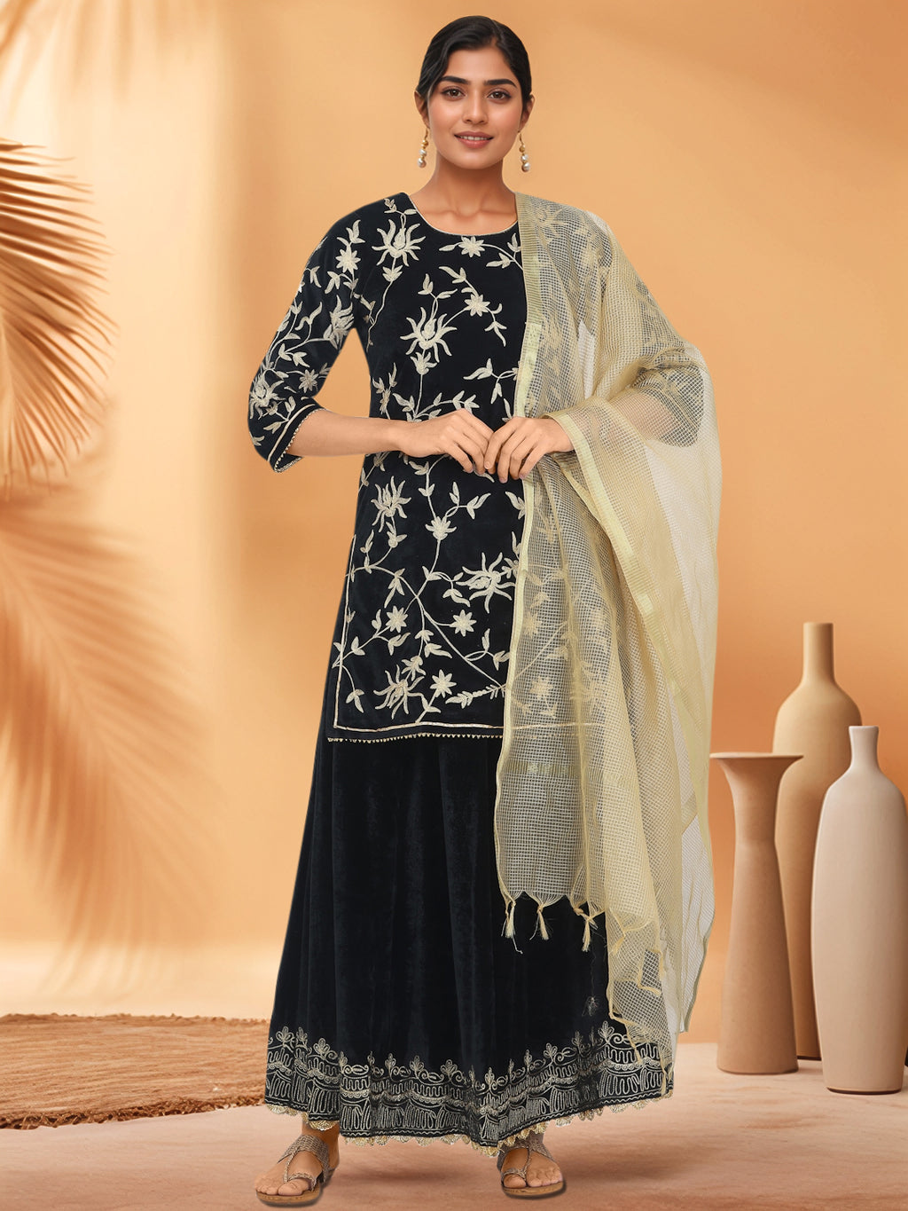 Women Black Velvet Lehenga Set