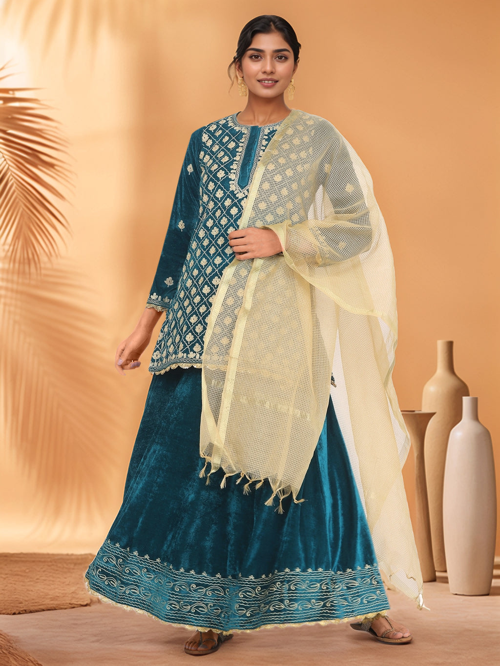 Women Teal Green Velvet Lehenga Set