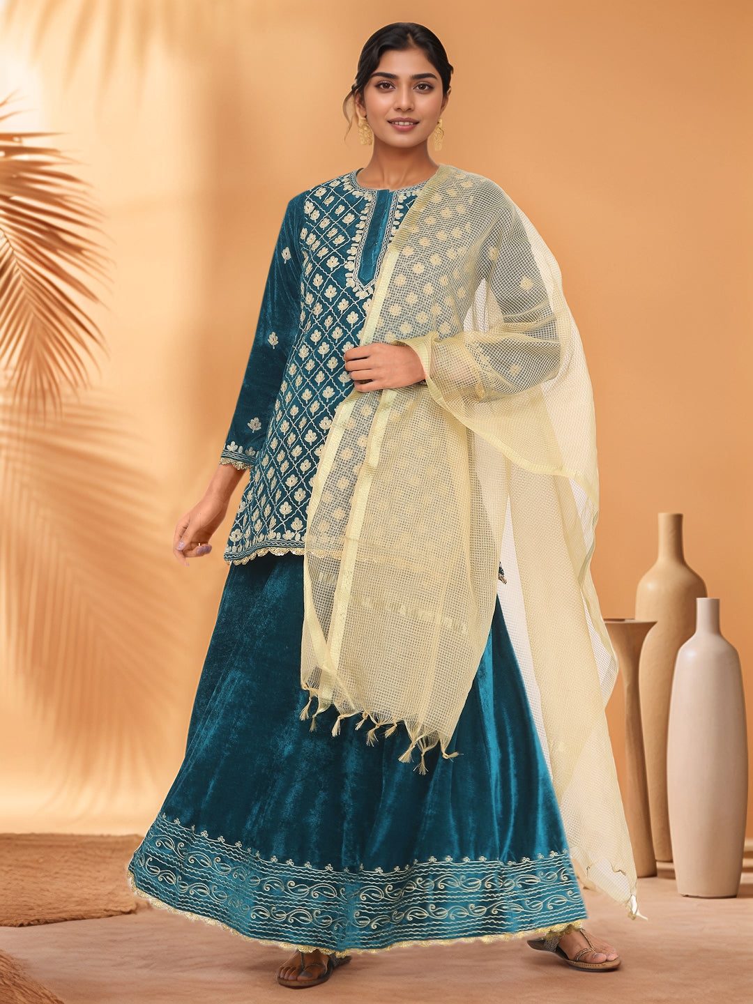 Women Teal Green Velvet Lehenga Set