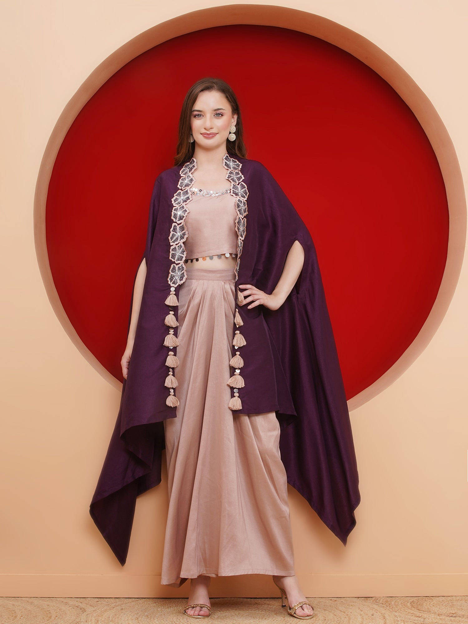 Women Purple and Rose Gold Skirt set with Cape