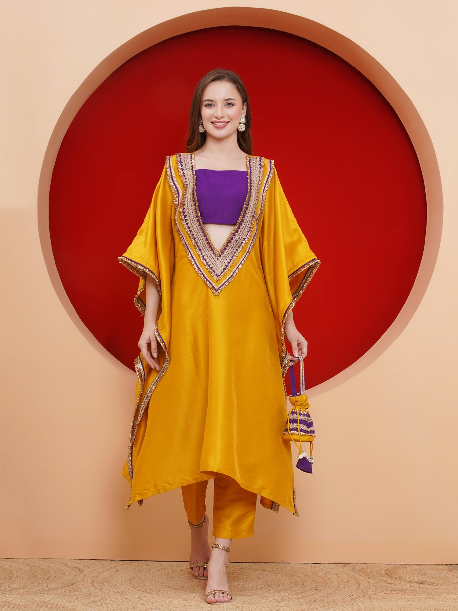 Women Yelow Kaftaan Set with ineer and Potli