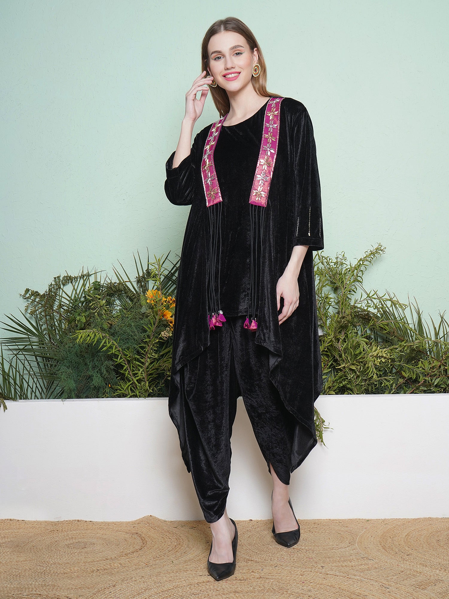 Women Black Dhoti Salwaar with Inner and  Hand Embellished Jacket