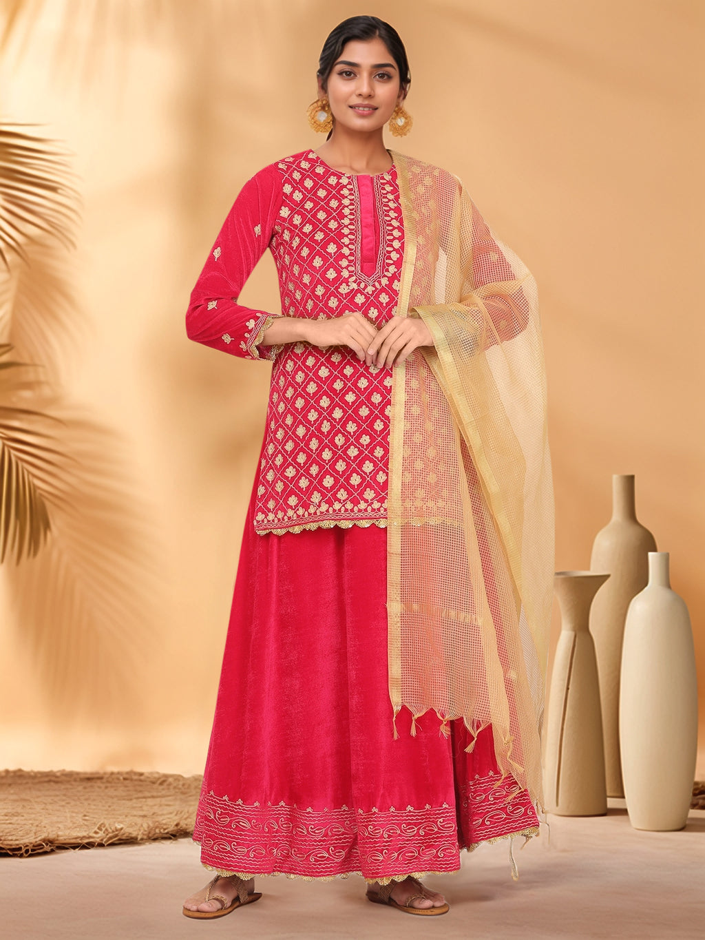Women Pink Velvet Lehenga Set