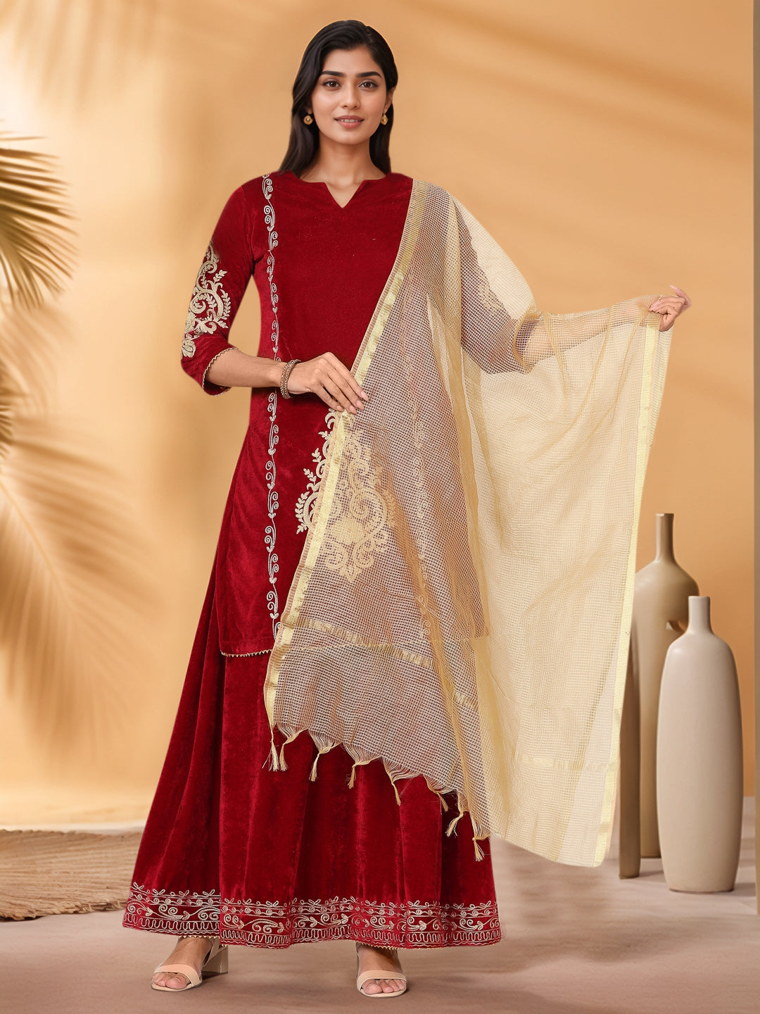 Women Maroon Velvet Lehenga Set