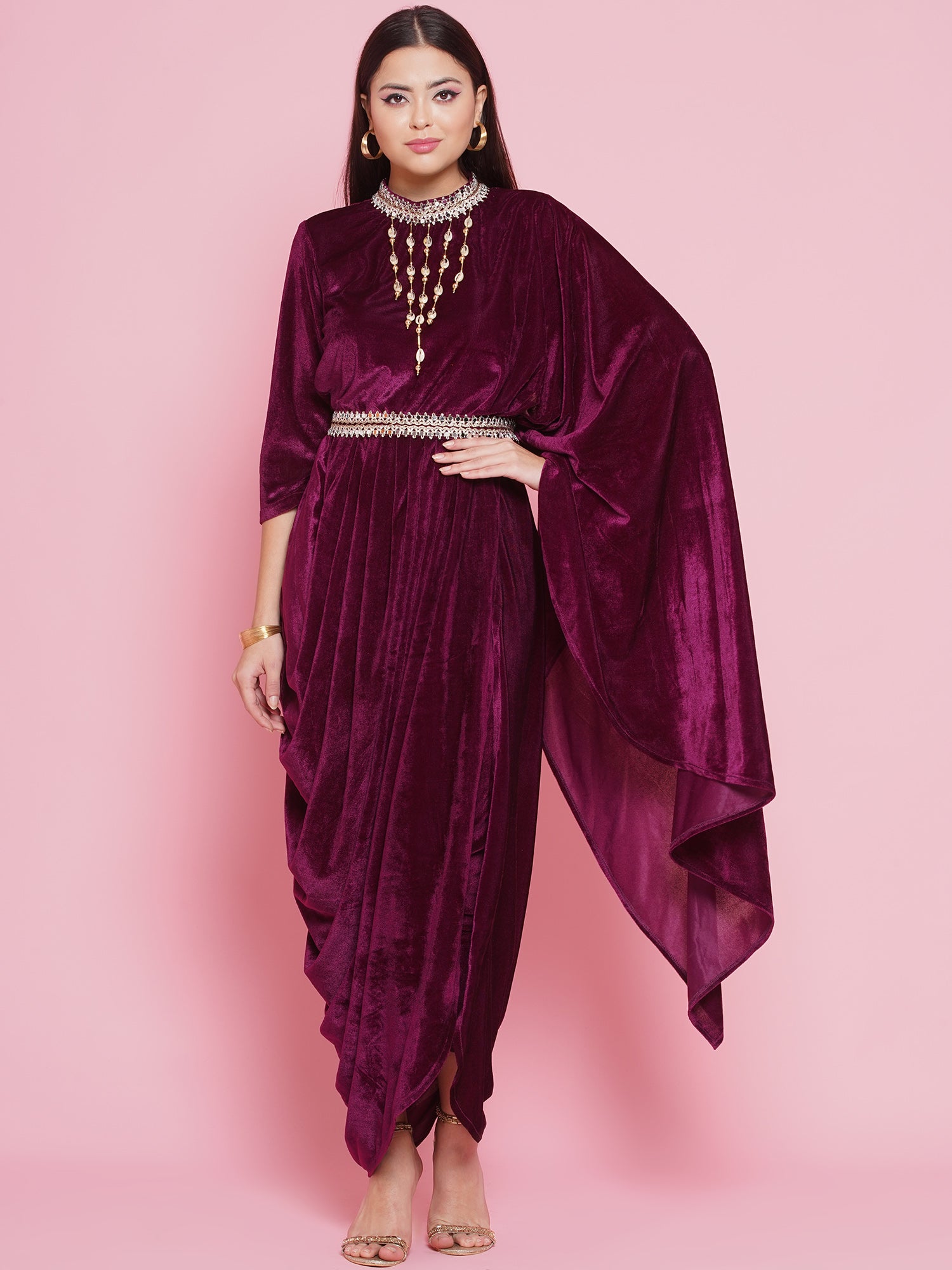 Women Wine Drape Kurta and Pant
